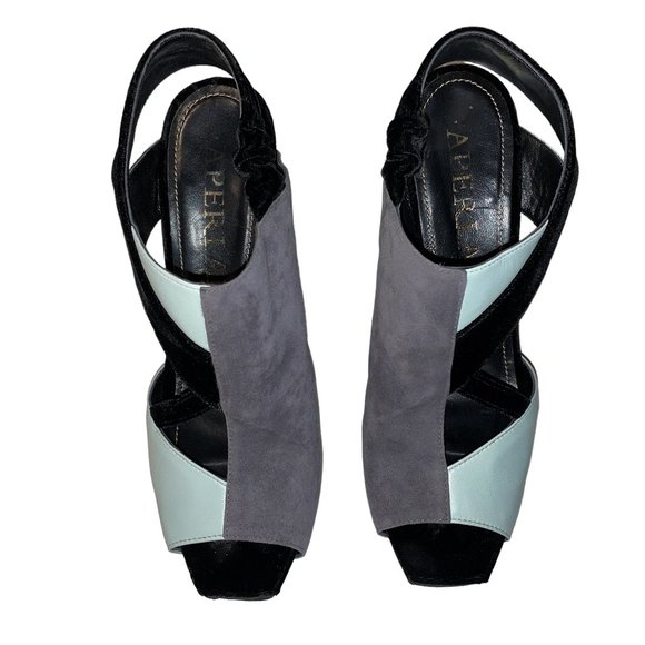 Aperlai Nero Velluto Color Block Leather Suede High Heels EU39 8.5 Stiletto - Picture 3 of 13